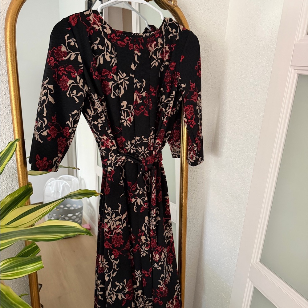 Black Floral Midi Dress with Belt